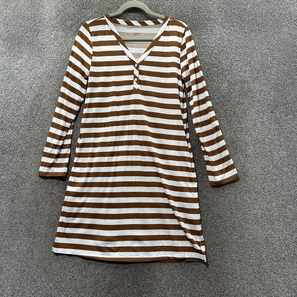 Garnet‎ Hill Cotton Shirt Dress Small Brown Stripe Long Sleeve V Neck Pockets